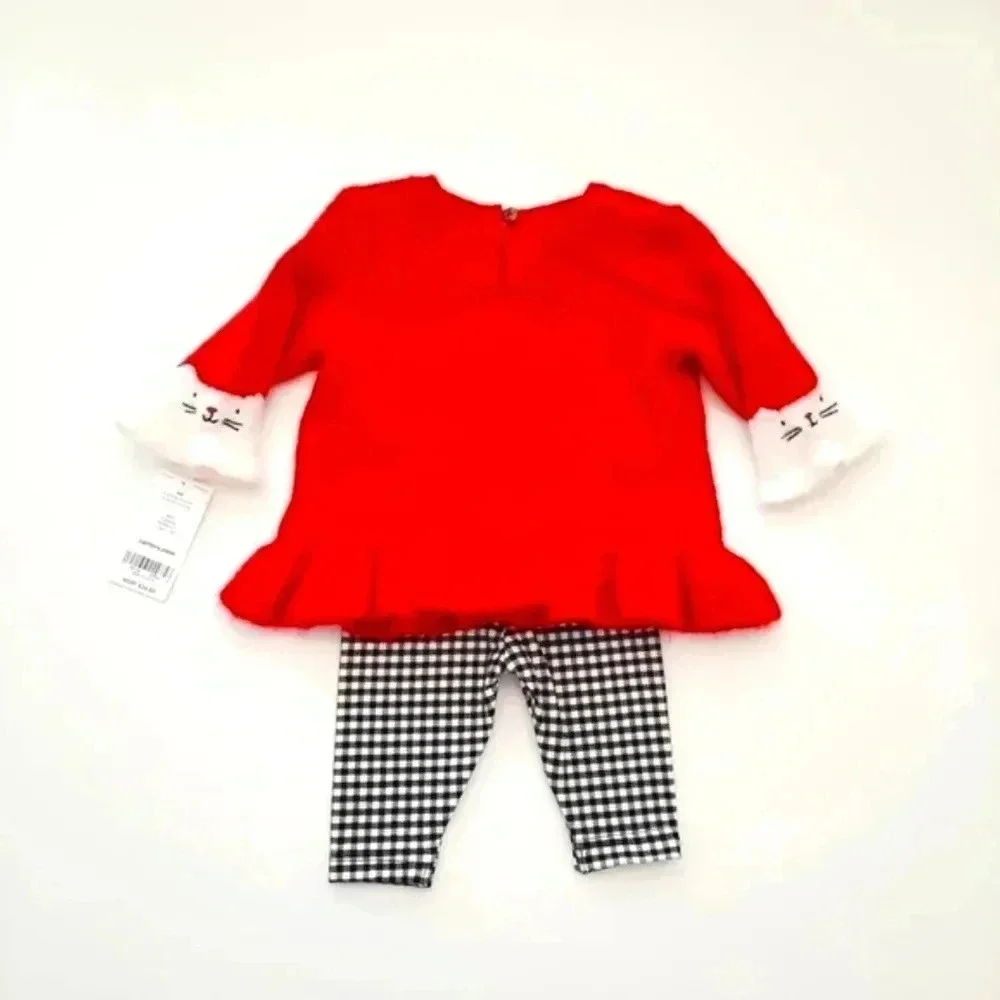 Carter’s Baby Girl 2-Piece Cat Face Red Sweater & Gingham Leggings Set 3M NWT